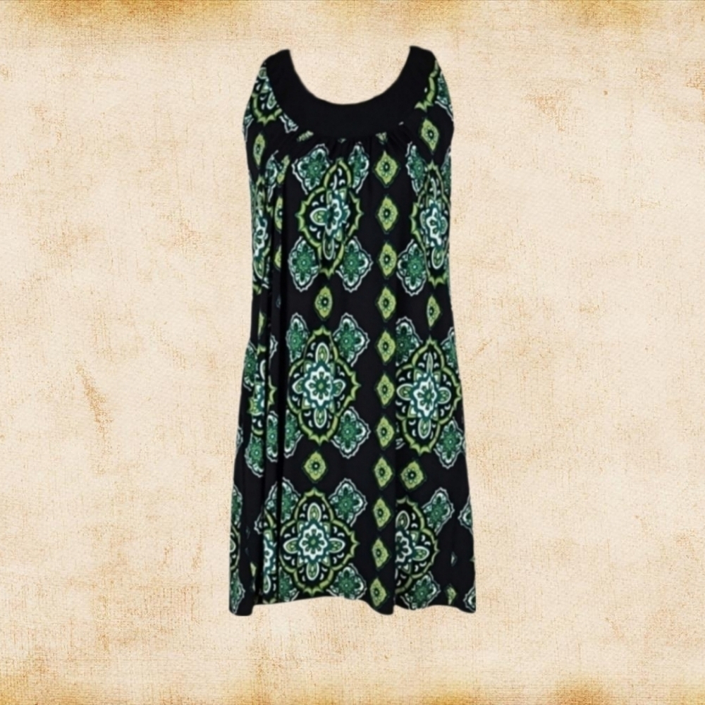 Retro 70s Print Soft Dress Vintage Green Black Multicolor